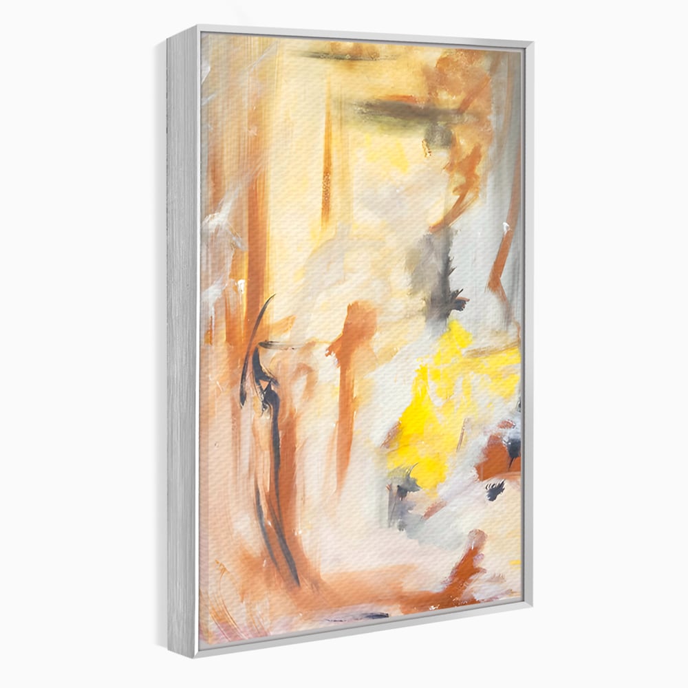 Tablou canvas cu pictura abstracta cu pete aurii si maronii, in rama de aluminiu argintiu